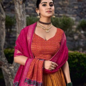 Red Tussar Silk Lehenga Choli with Yellow Blouse | Floral & Foil Print | Wedding & Festive Wear