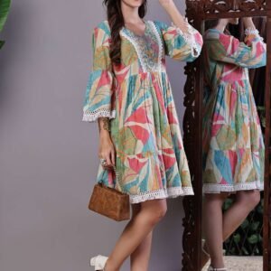 Wome's Multicolor Printed Cotton A-Line Dress with Embroidered Yoke Midi Dresses