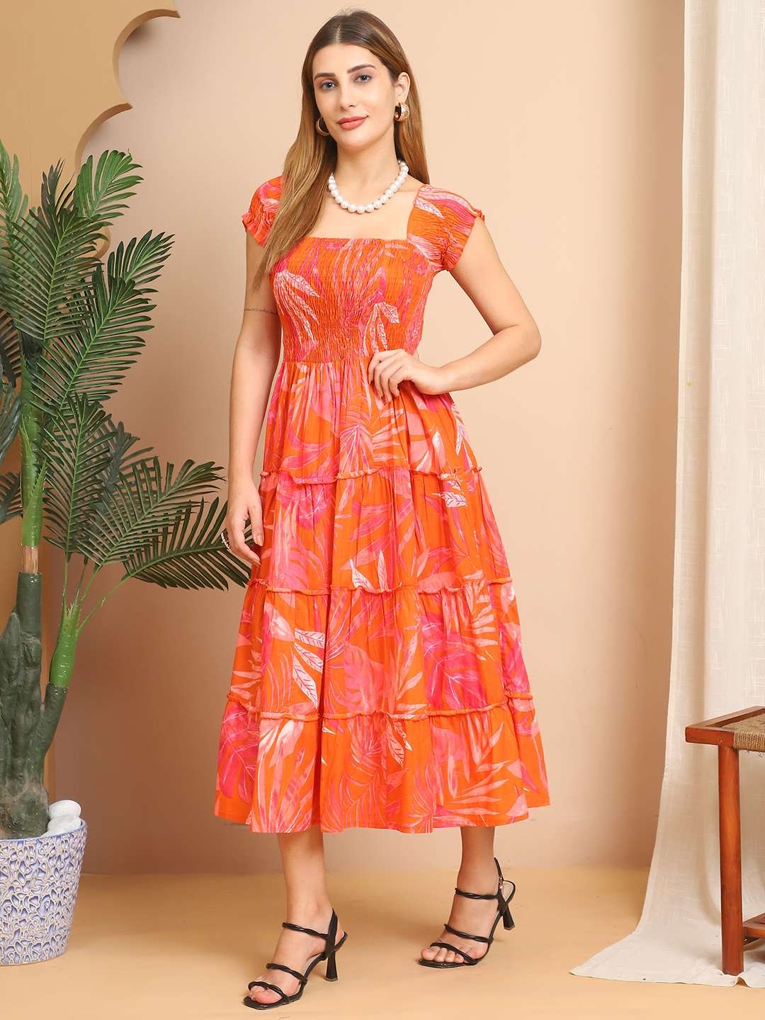 Women's Viscos Rayon Printed Off Shoulder Midi Dress For Summer And Casual Wear (Orange)